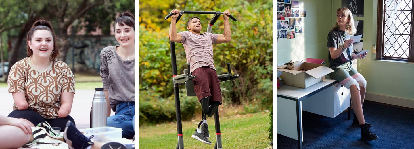 Young man with prosthetic legs gaming young man with prosthetic legs doing pull ups Young woman with prosthetic legs in a University or College Halls of residence bedroom looking at photos of her family